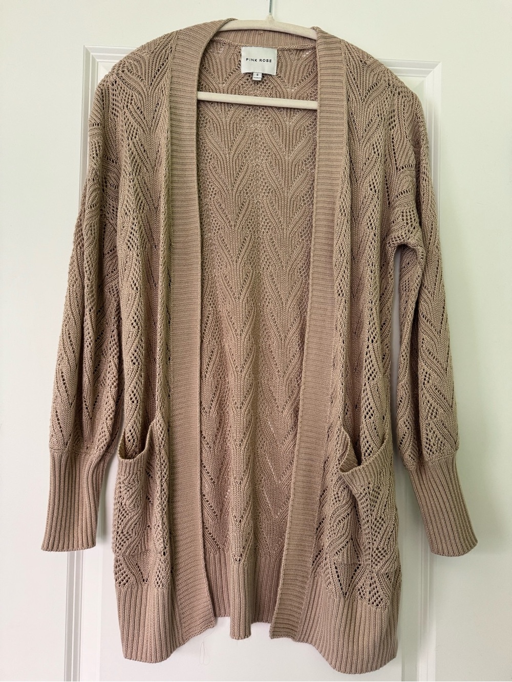 Pink Rose Open-Front Pointelle Cardigan in Taupe